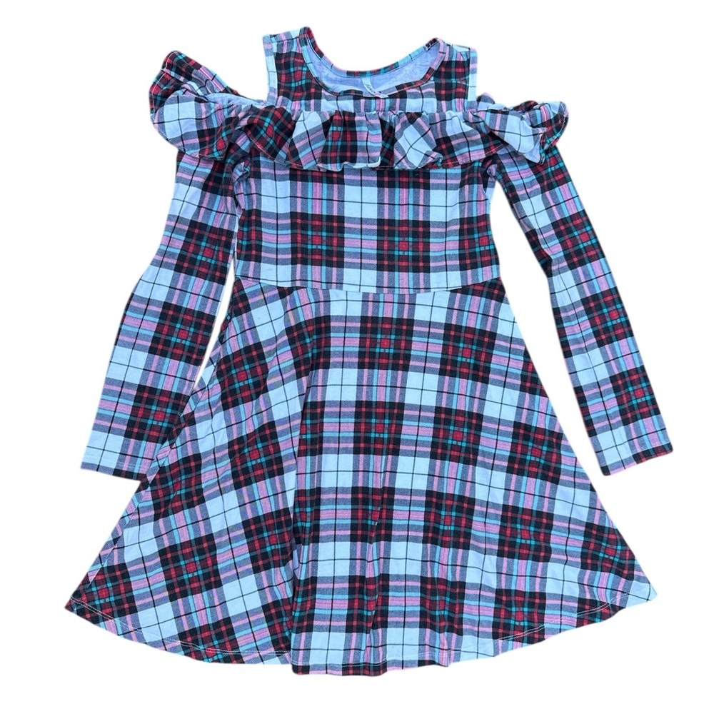 FabKids‎ Girls Plaid Cold Shoulder Ruffle Dress Size L 10/12 Red Blue Tartan